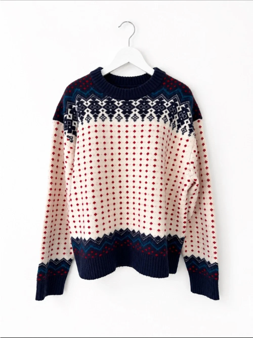 J.Crew Fair Isle Lambswool Nordic Sweater Cream Navy Red Size Small